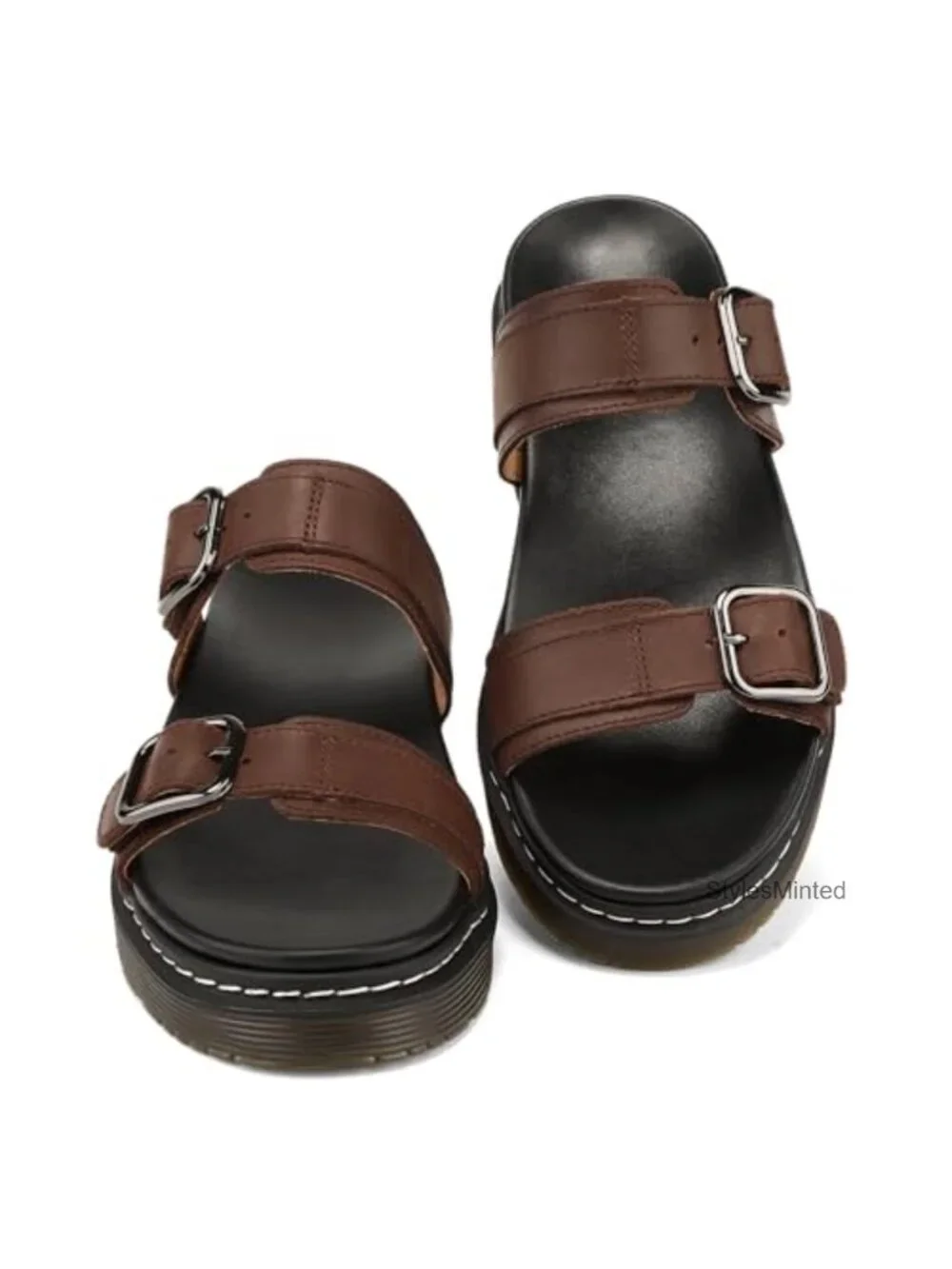 Women's Genuine Leather Platform Wedge Sandals Double Adjustable Buckles Slip